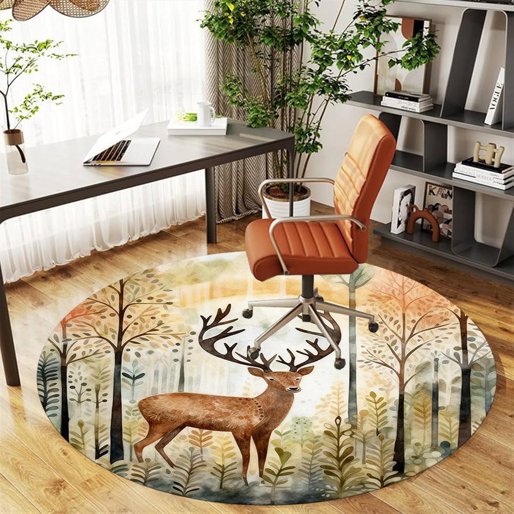 1pc Deer Forest Round Chair Mat Office Area Rug - Non-Slip, Floor Mat for Office, Bedroom, Ideal Home Decor Gift P0105015