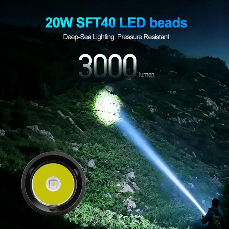 Diving LED Flashlight IPX8 Waterproof High Brightness Rechargeable Long Runtime Far Beam for Outdoor Lighting