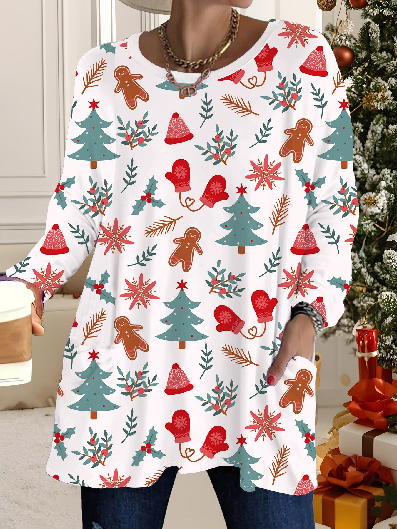 

Осень-Зима 2025 Новые Женские Топы Большого Размера, Модные Футболки с 3D-принтом на Рождество, с Круглым Вырезом и Длинным Рукавом 6XL белый
