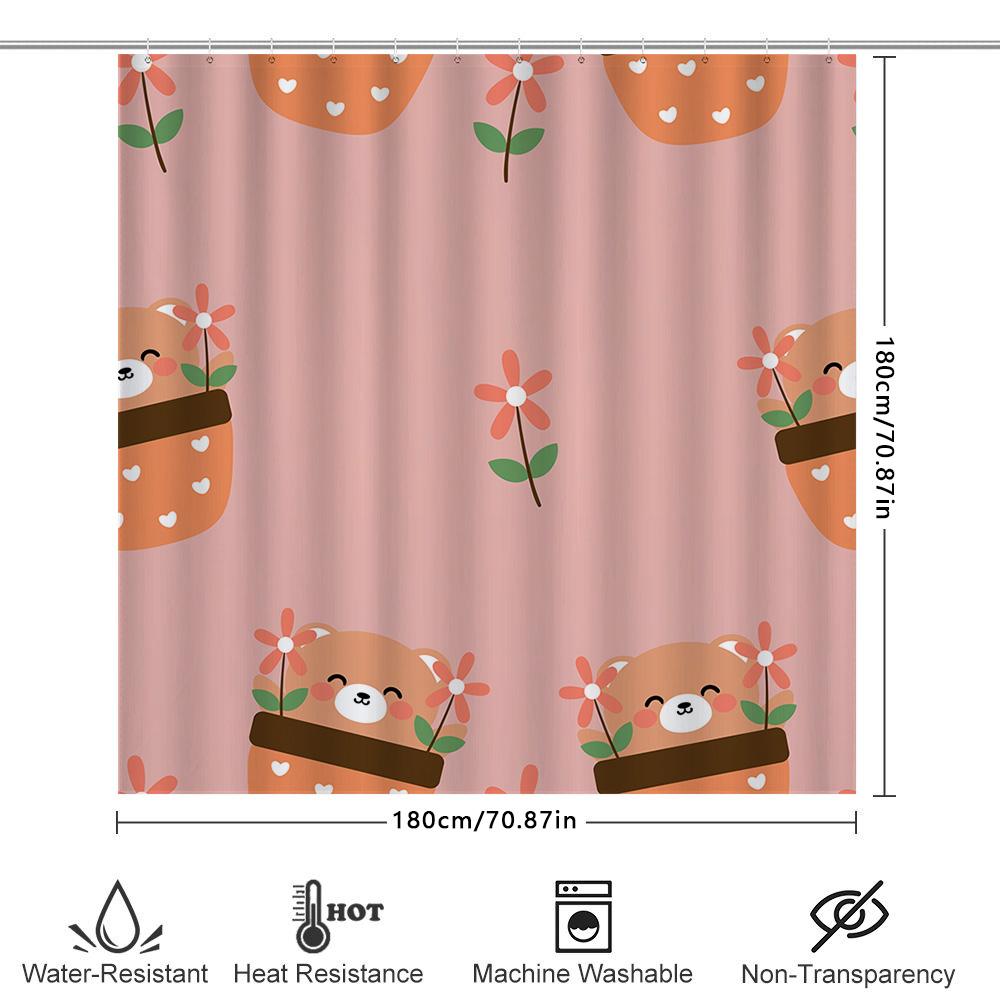 Adorable Animal Print Shower Curtain Pink Flower Decor Happy Bear Pattern Waterproof Fabric For Bathroom Decoration Home Improve