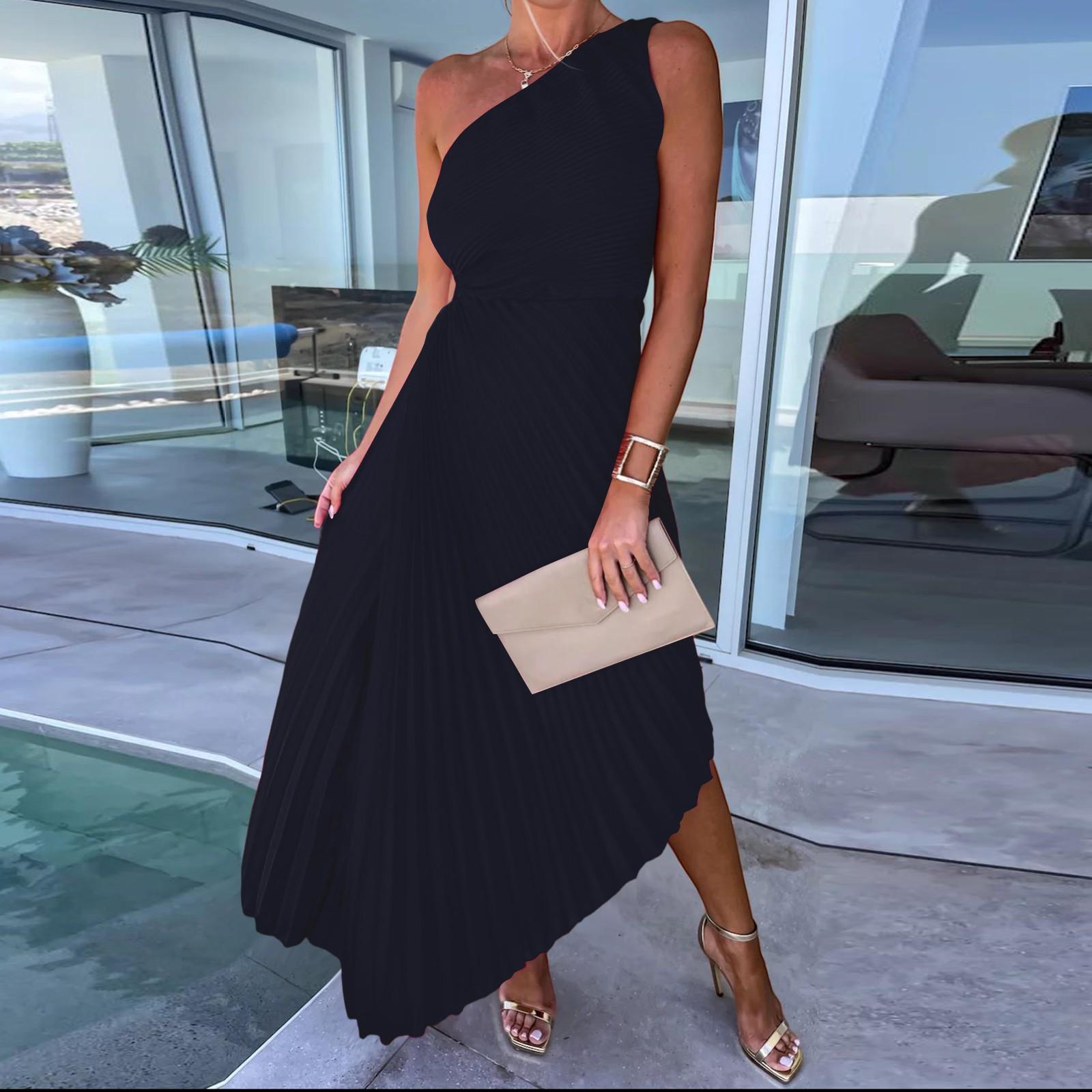 

Женское модное однотонное повседневное сексуальное темпераментное платье с открытым плечом, косым воротником, плиссировкой и вырезами, длинное XL чёрный