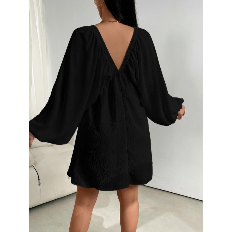 Elegant Fashion Deep V-neck Long Sleeved Women Dress Spring Summer Simple Casual Loose Sexy Solid Color A-line Party Dress Female Office Ladies