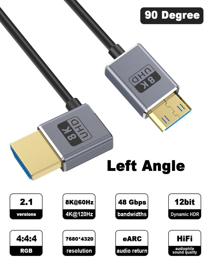 Duttek 8k Mini-HDMI zu HDMI Konverter Kurz 1 Stecker zu Stecker Konverter Unterstützt für Kameras und Camcorder L-förmiges Kabel, 30 cm, 48 Gbit/s, Ultradünn
