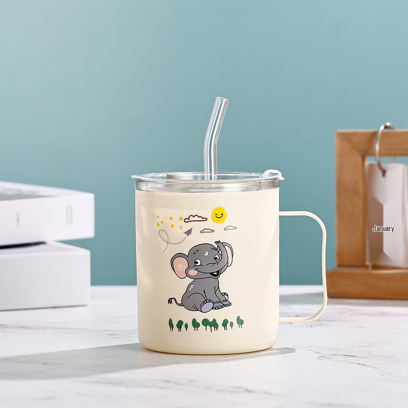 Large Capacity Breakfast Oatmeal Cup with Lid & Handle, Cute Straw Pattern Glass Cup for Kids 400ml