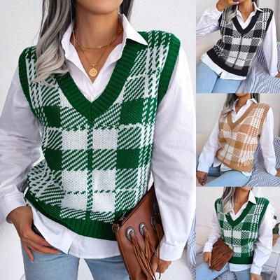 Women's Autumn and Winter Casual Contrast Plaid Knitted Tank Top Sweater Vest