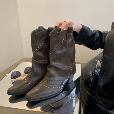 Vintage Rivets Western Ankle Boots Women  Winter PU Leather Mid Calf Boots for Woman Thick Heels Pointed Toe Cowboy Booties