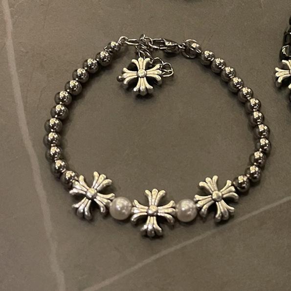 Retro Broken Silver Cross Flower Spliced Couple Bracelet Hip Hop Jewelry