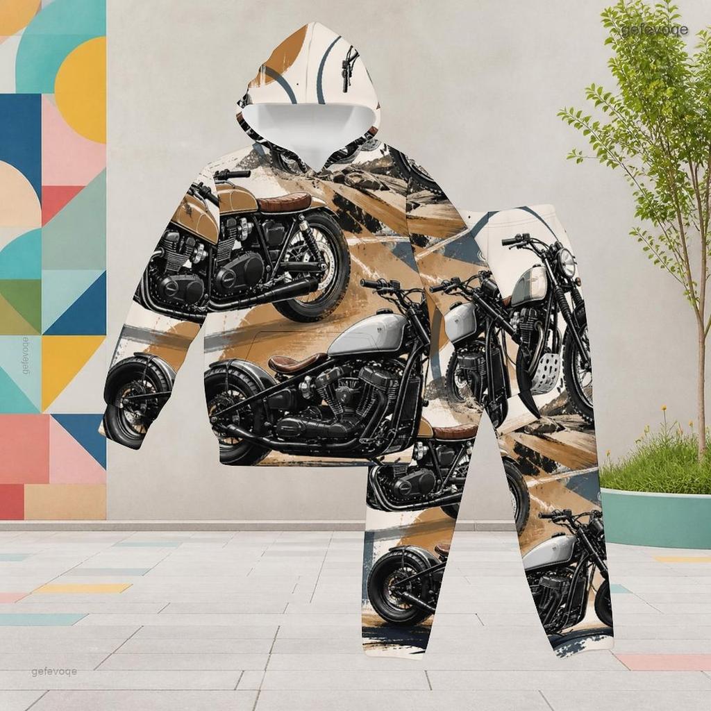 Girls Hooded Long Sleeve Printed Casual Two Piece Outfit Kangaroo Pocket Cuffed Pants