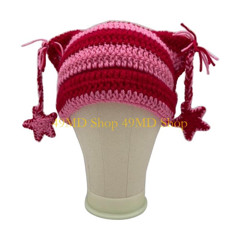 49MD Knitted Women Beanie Hat Y2K Anime Ear Star Hat Popular Cos-play Party Headwear