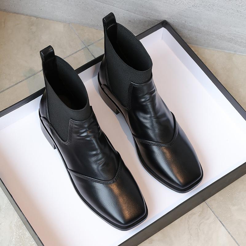 32-41 Genuine Leather Ankle Boots Comfort Women Short Boots Autumn Winter Mid Heel Square Toe Chelsea Elastic Boots For Women