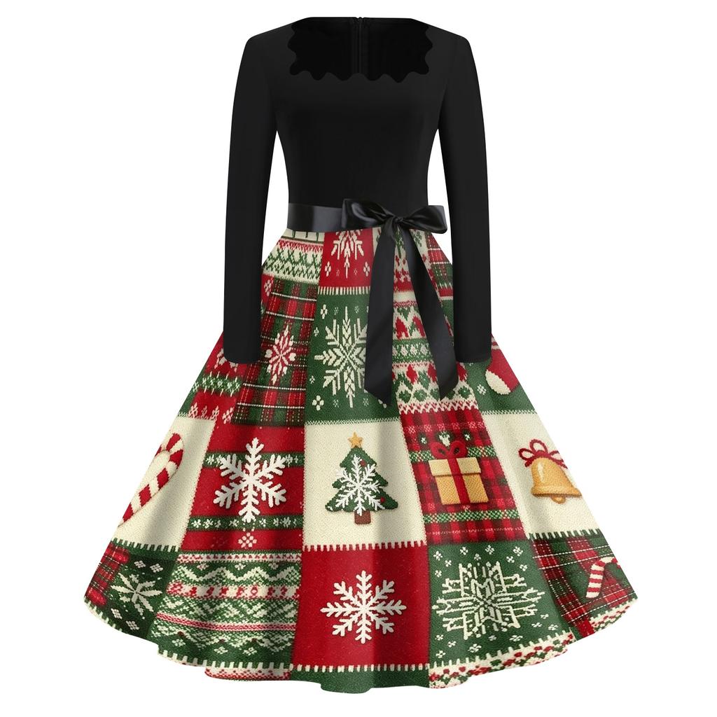 Women's Casual Vintage Dress with Square Neck and Christmas Print for Holiday Party
