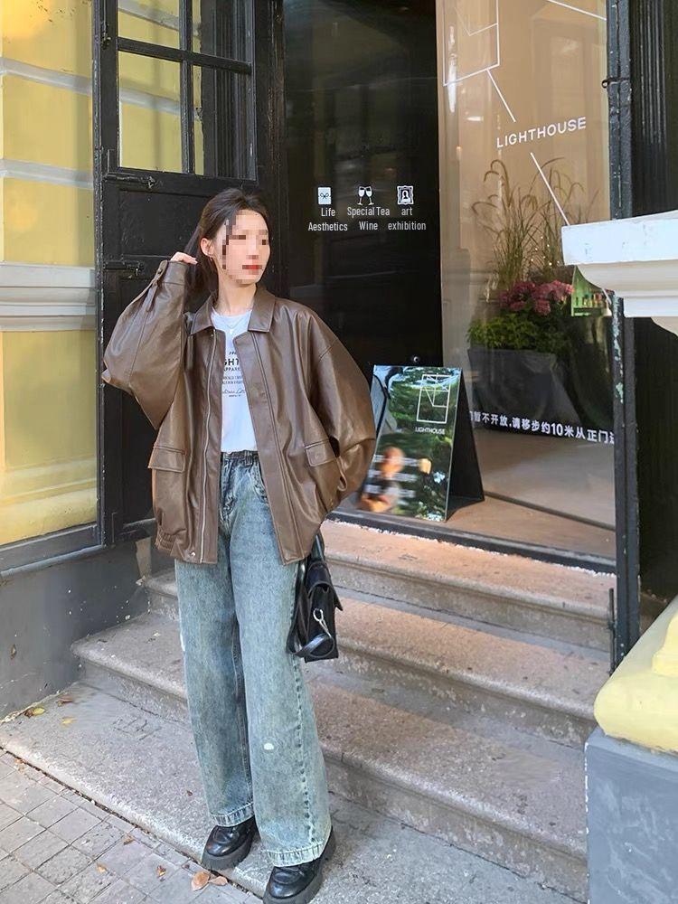 Women's Retro Brown Short Leather Jacket - 2026 Korean Style, Loose Fit, Cool Motorcycle Design for Spring/Autumn