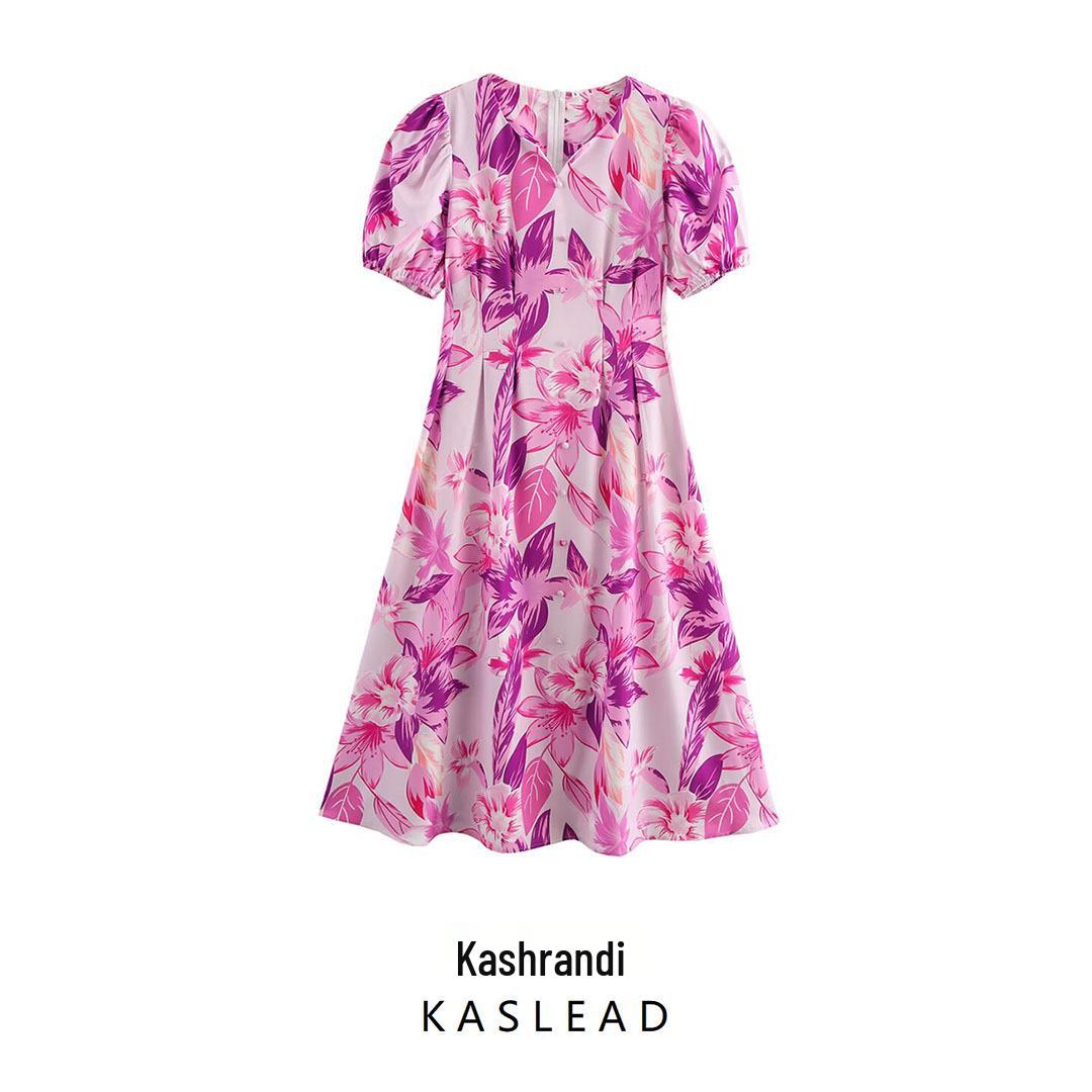 

2025 Spring Women s European & American Fashion Short Sleeve Stretch Printed Dress Small цветочные печати