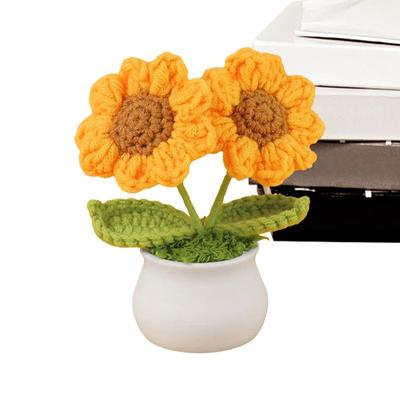Handmade Knitted Sunflower Crochet Sunflower Artificial Flower Desk Decor Potted Flowers Sunflower Decoration Table Centerpieces