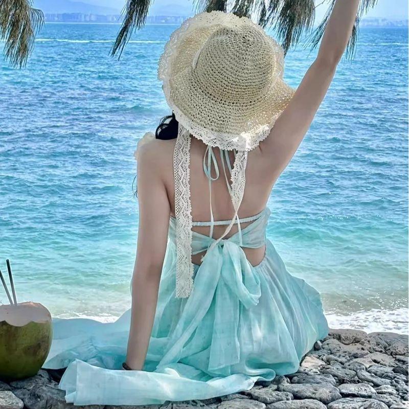 Mint Mambo Seaside Resort Atmosphere Beach Dress Design Sense Neck Dress Fairy Temperament Swing Skirt