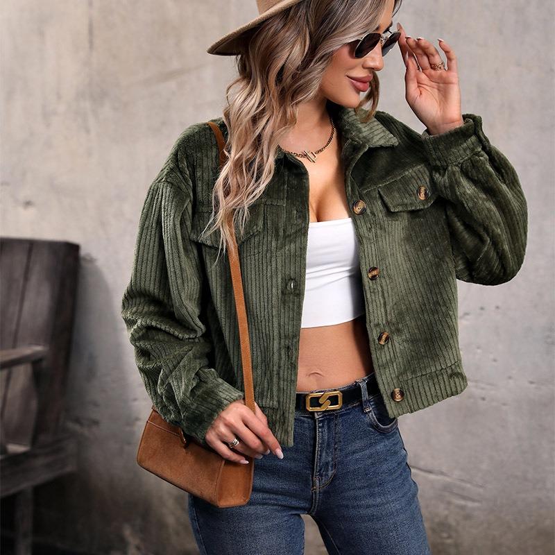 Autumn and Winter Warm Plush Casual Women Jacket Fashion Long Sleeve Solid Women's Green Jackets Elegant  Button Up Vintage Ladies Coats 24700