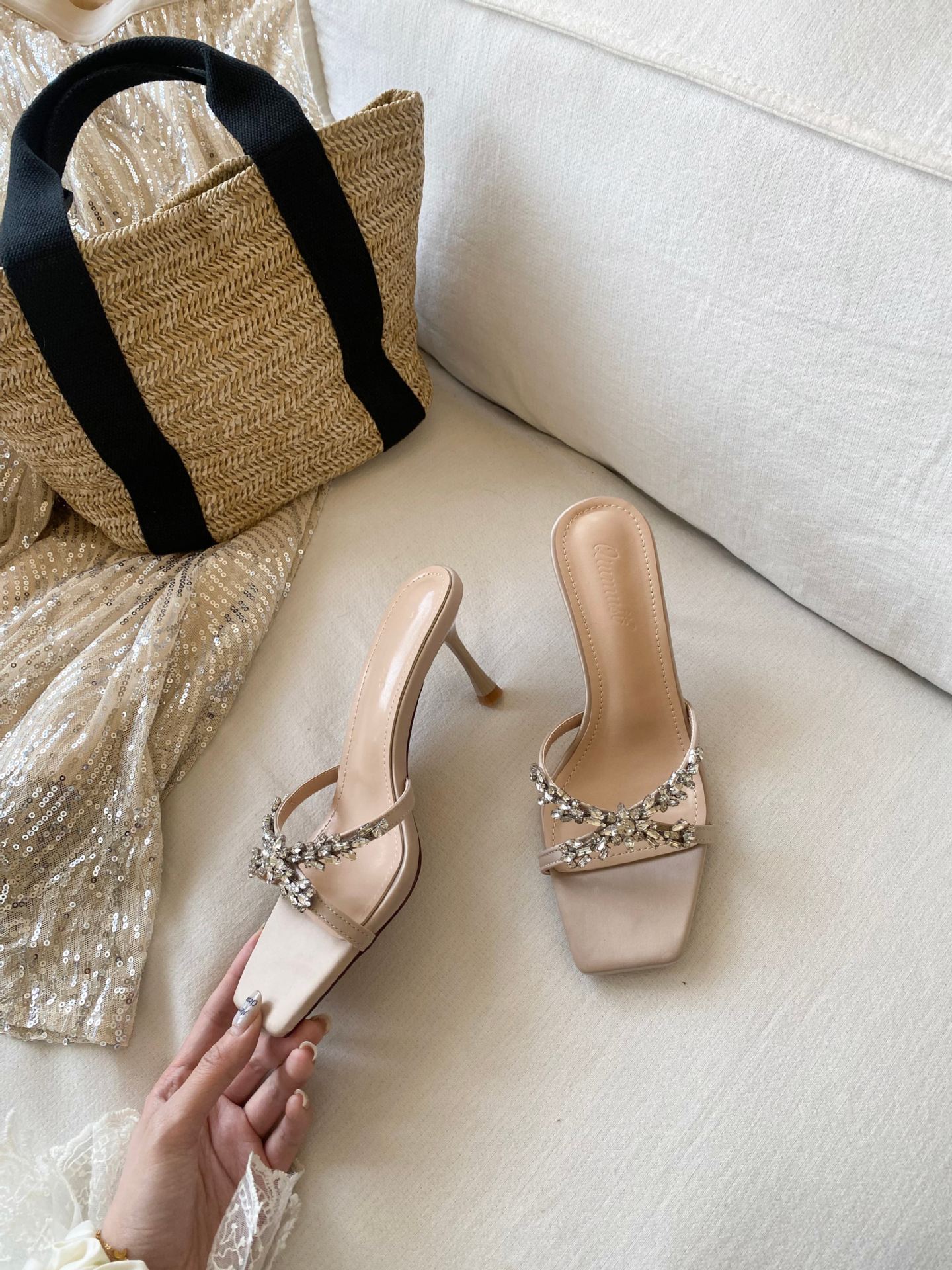 Women s Square Toe Thin Heel Bowknot Rhinestone Summer Slippers - Perfect for Daily Wear 34