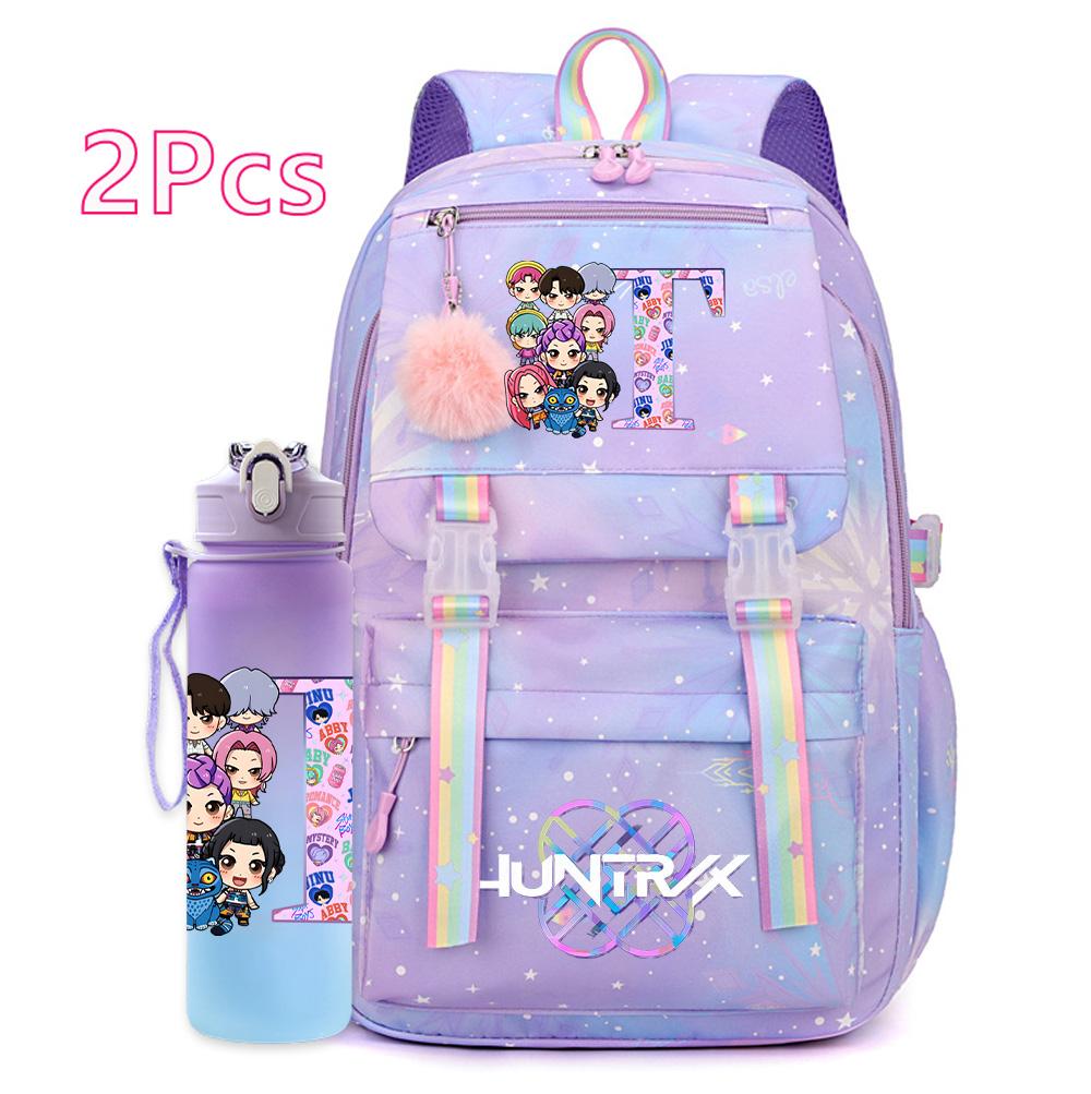 2Pcs/set New K-pop Printed Backpack 750Ml Water Bottler Large Capacity Travel Bag for Teenager Girl Boy Waterproof Bookbag Kid Gift Rucksak