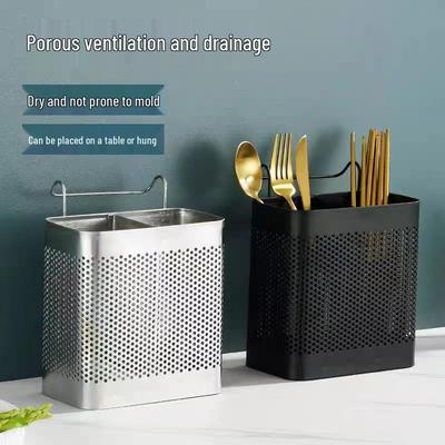 Dual Compartment Wall-Mounted Stainless Steel Chopstick Holder with Anti-Mold Drainage