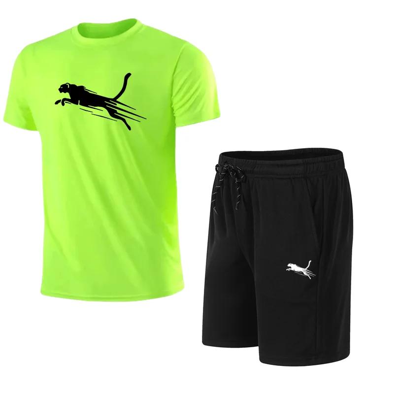Męski Zestaw do Biegania Top z Nadrukiem Geparda Casualowy T-shirt+Szorty Dwuczęściowy Wolne Bieganie Oddychający Szybkoschnący