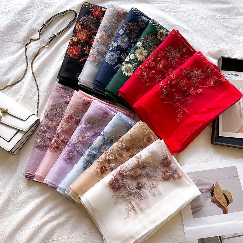 New silk wool scarf Shawls Wraps Women Floral Embroidery Foulard Headkerchief Pashmina Poncho Scarves Headband Hijab Bandana