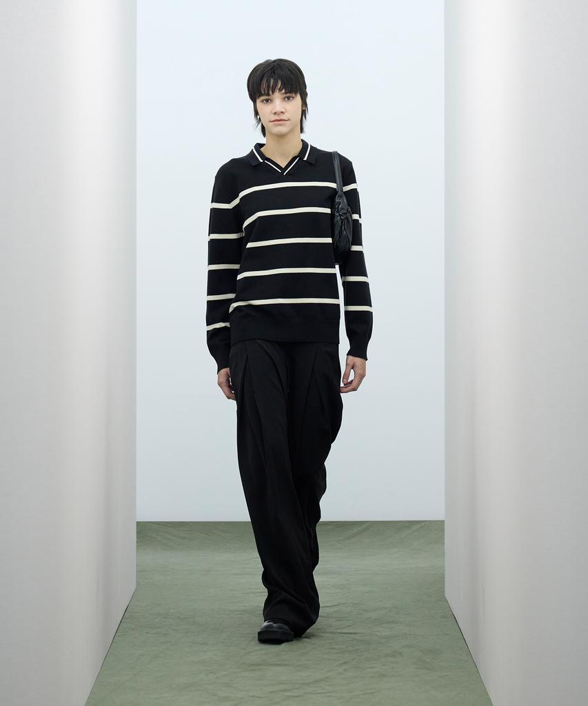 IRONYPORNO WHITELINE 86-Iroj365 Open-Neck Striped Long-Sleeve Knit Black