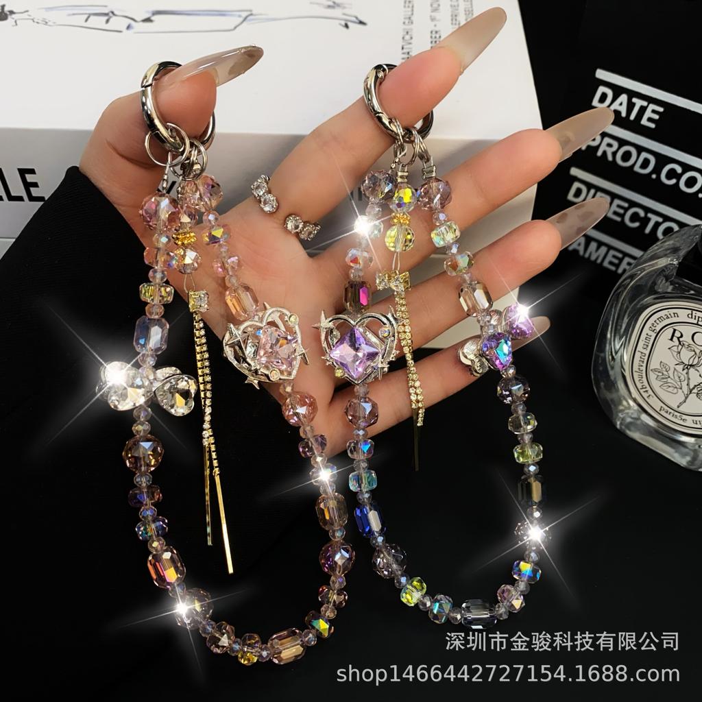 New High-Quality Phone Chain Creative Heart Zircon Hanging Chain Crystal Ins Style Bow CCD Bag Strap Short
