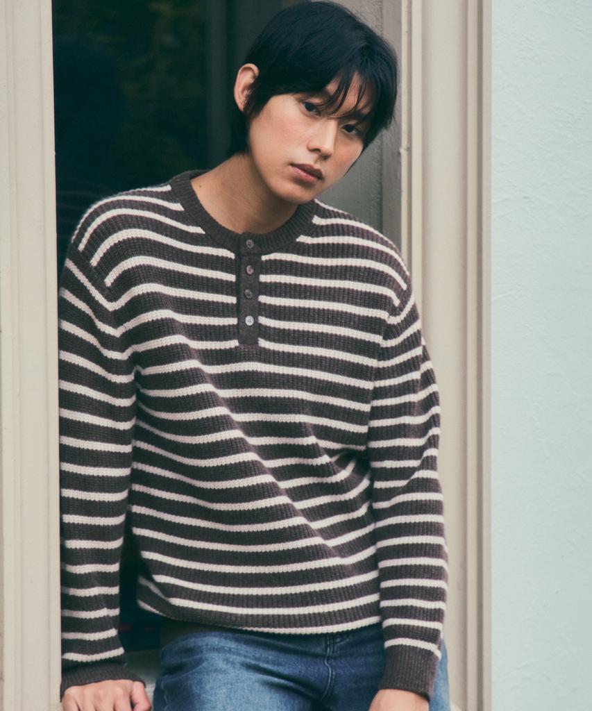 Wednesday Oasis Always Hairy Stripe Henley Neck Wool Knit 4 Colors (Wc25-Kn55)