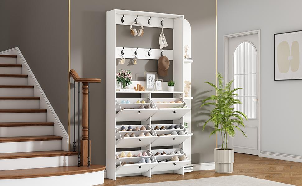 120 x 24 x 200 cm, Coat Rack for Entrance Area, 3-in-1 Multifunctional Shoe Cabinet, Flip Door, 8 Hooks, Living Room Cabinet with 5 Shelves, White