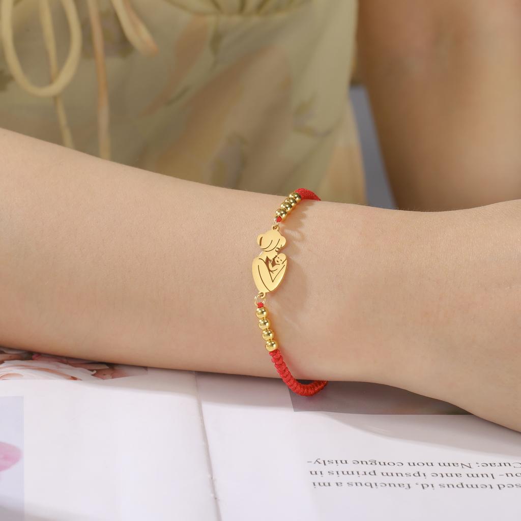 Stainless Steel Gold Color Baby Mom Family Charm Bracelet Red Black Rope Bracelets Fashion Jewelry for Women Mother's Day Gift