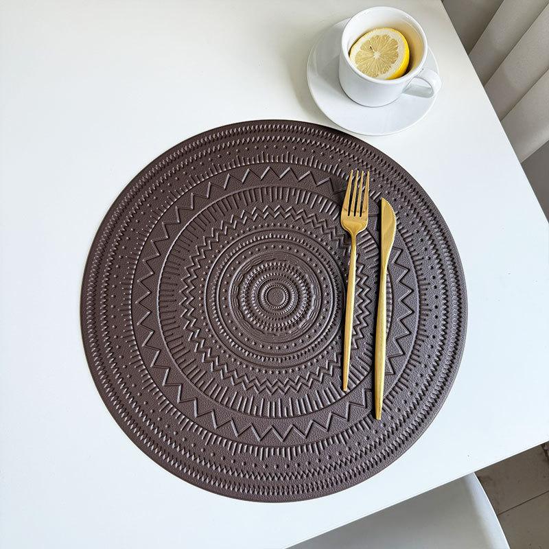Imitation Leather Placemat Bohemian Style Embossed Table Mat, Round Pvc Edge Pressing Creative Waterproof Oil Western Food Thermal Insulation Mat