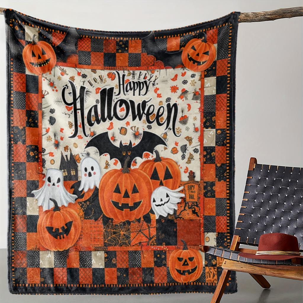 Comfortable Retro Halloween Themed Pumpkin and Bat Patterned Flannel Blanket Soft and Warm Multifunctional Ideal Gift Blankets