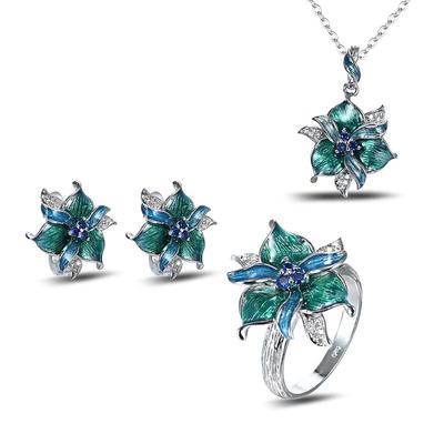 Zhenrong Green Enamel Flower Jewelry Set: Ring, Necklace, Purple Drop Earrings Pendant