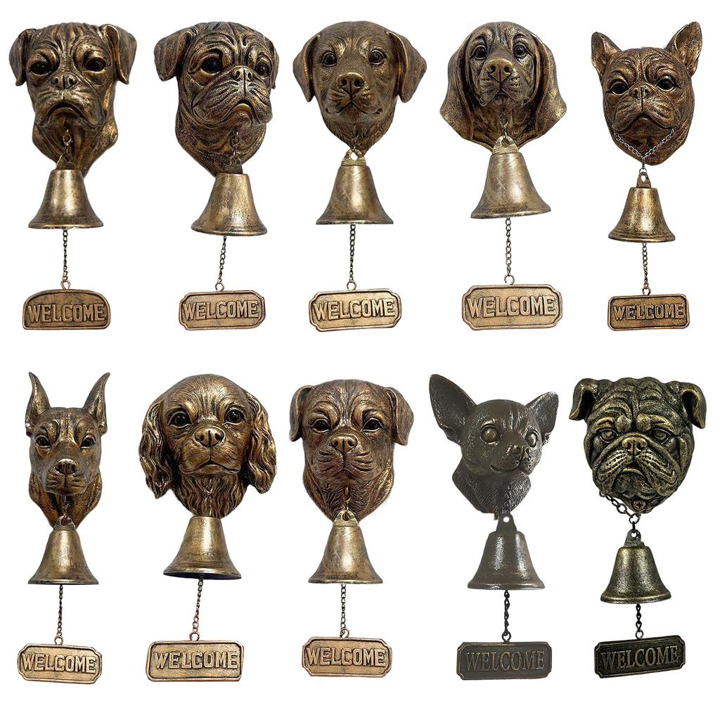 Vintage Bronze Dog Head Shape Resins Welcome Doorbell Outdoor Wall Hanging Decoration For Dog Lover Home Entrance Decors