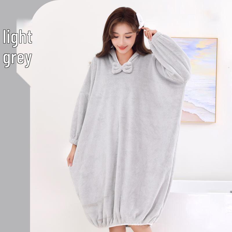 Morandi Color Fleece Hooded Bathrobe - Long Sleeve, Cozy, Warm Student Homewear