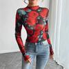 Podzim/Zima Nový styl Dámský průhledný top s potiskem růží a dlouhým rukávem, výstřih do V