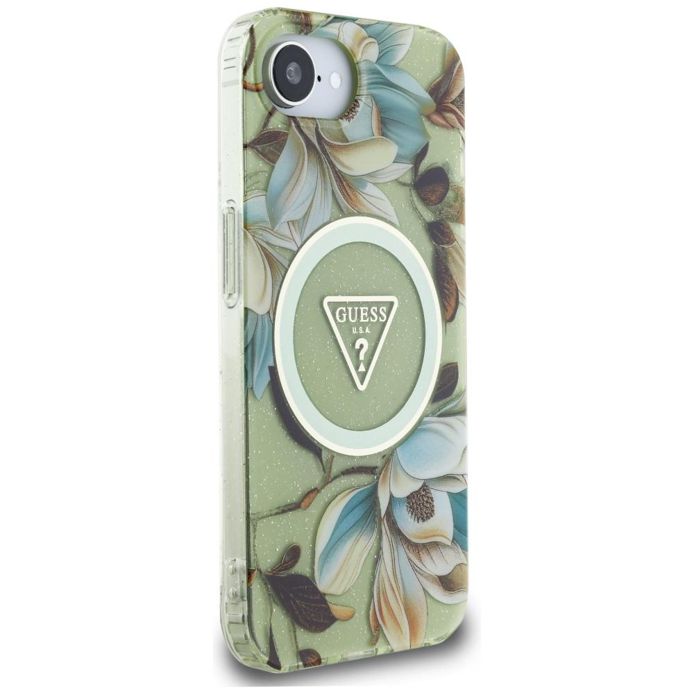 Guess Iml Metal Glitter Flowers Case Triangle Magsafe For iPhone 16E Green