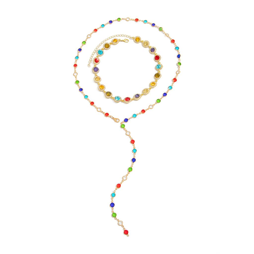 Salircon 2Pcs/set Bohemian Colourful Crystal Chain Necklace for Women Trendy Shiny Rhinestone Clavicle Chain Y2K Jewelry Gifts