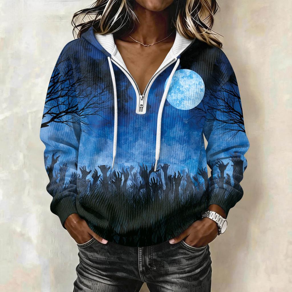 Women's Halloween Printed Long Sleeve Hoodie Drawstring Pullover Sweatshirt