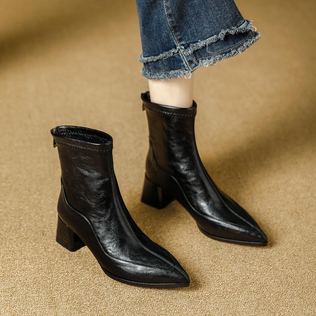 High Heel Short Boots Coarse Heel Pointed Skinny Boots Brown Fleece Winter Boots Medium Boots