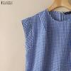 ZANZEA Women Casual Round Neck Sleeveless Plaid Print Blouse
