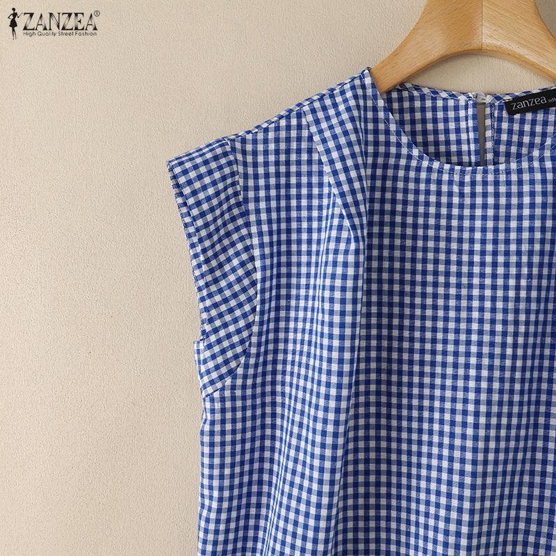ZANZEA Women Casual Round Neck Sleeveless Plaid Print Blouse
