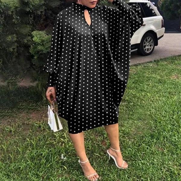 European Beautiful Women's Long-sleeved Holiday Party Dress Casual Loose Polka Dot Print Medium and Long Dress
