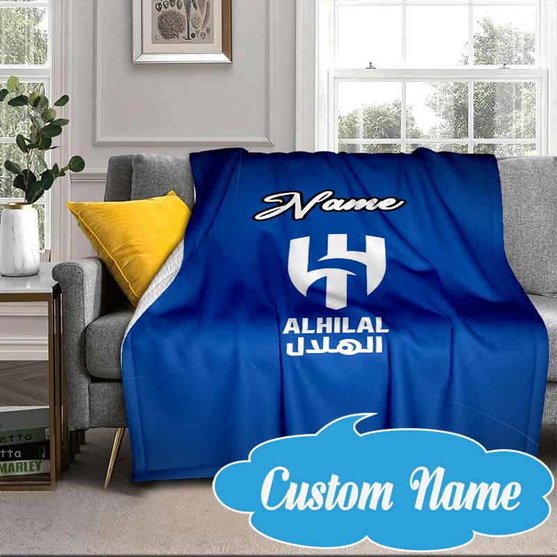 Custom Name Blue Hilal Crest Design Blanket bed sofa Blanket Flannel Blanket for Camping, Hiking, Picnic Essentials,gift for Fan family