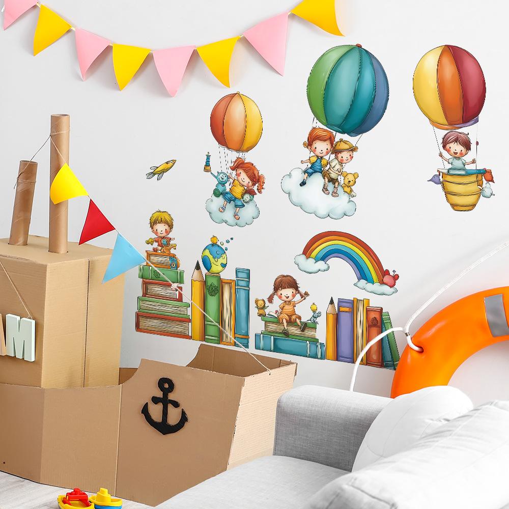 Cartoon Knowledge Paradise and Hot Air Balloon Rainbow Study Home Decoration and Beautification Wall Stickers