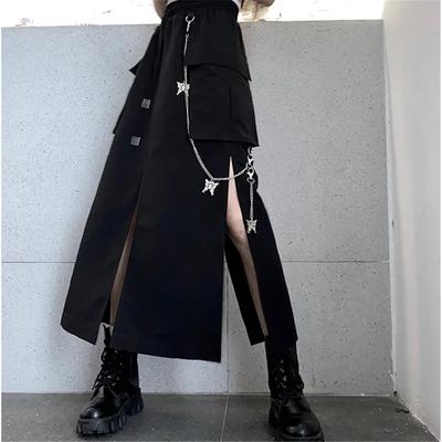 Frühling Herbst Frauen Rock Mode Koreanischen Stil Schwarze Lange Röcke mit Kette Seite Schlitz Hip Hop Streetwear Plus Größe