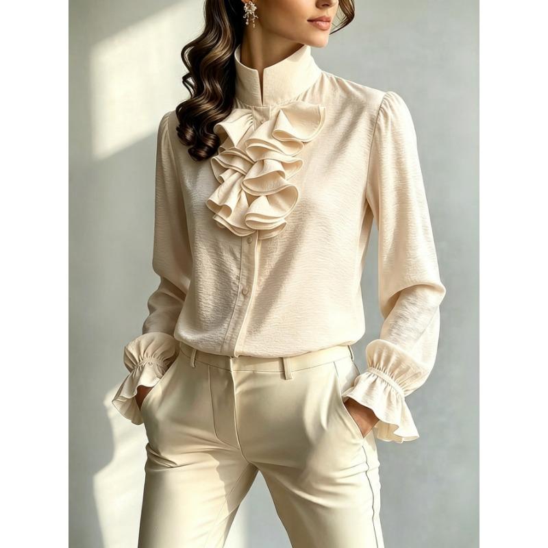 Women S Stand Collar Long Sleeve Solid Polyester Shirt Elegant Commuter Style