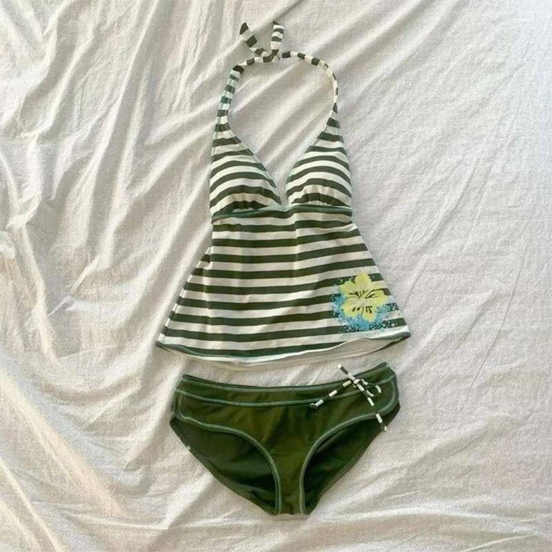 

2 Piece Women s Summer Beach Bikini Set Sexy Slim Chic Floral Print Halter Neck Swimsuit Set 2000s Aesthetics Hottie Streetwear L зелений