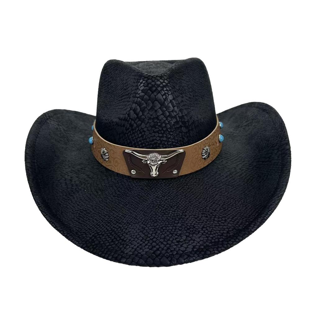 European And American Snake Pattern Western Cowboy Hat Ethnic Style Bull Head Decoration Men'S And Women'S Top Hat 9.5Cm Large Brim Jazz Hat