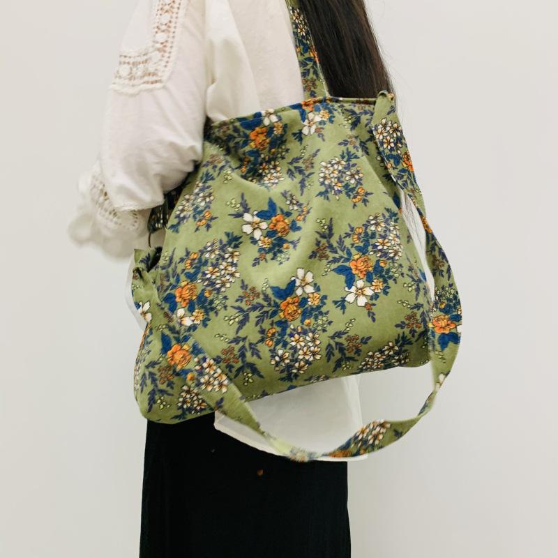 Fashion Retro Floral Print Bag Large-Capacity Corduroy Shoulder Bag Casual Small Fresh Canvas Crossbody Bag